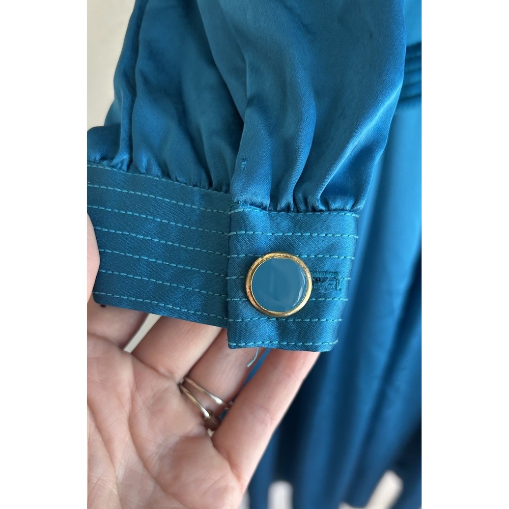 Vintage 70s 80s Joan Sparks Daniel Barrett Teal Satin Midi Dress‎ 8 Art Deco - Picture 6 of 13